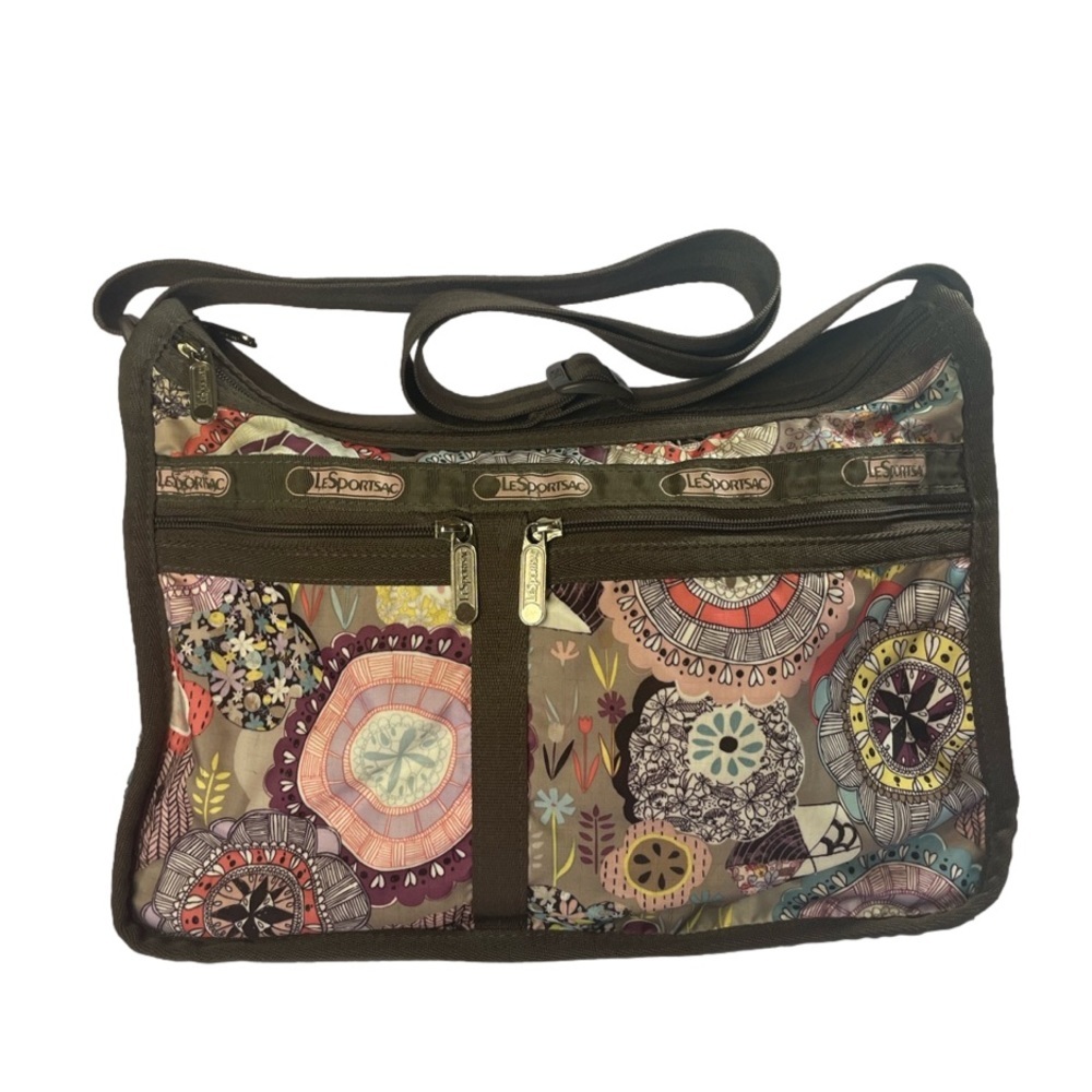 LE SPORTSAC Deluxe Everyday Bag Brown Pink Purple Geometric Floral Design NWOT